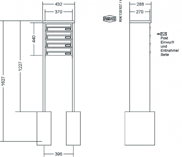 RENZ Briefkastenanlage freistehend, Tetro, Kastenformat 370x110x270mm, 4-teilig, zum Einbetonieren